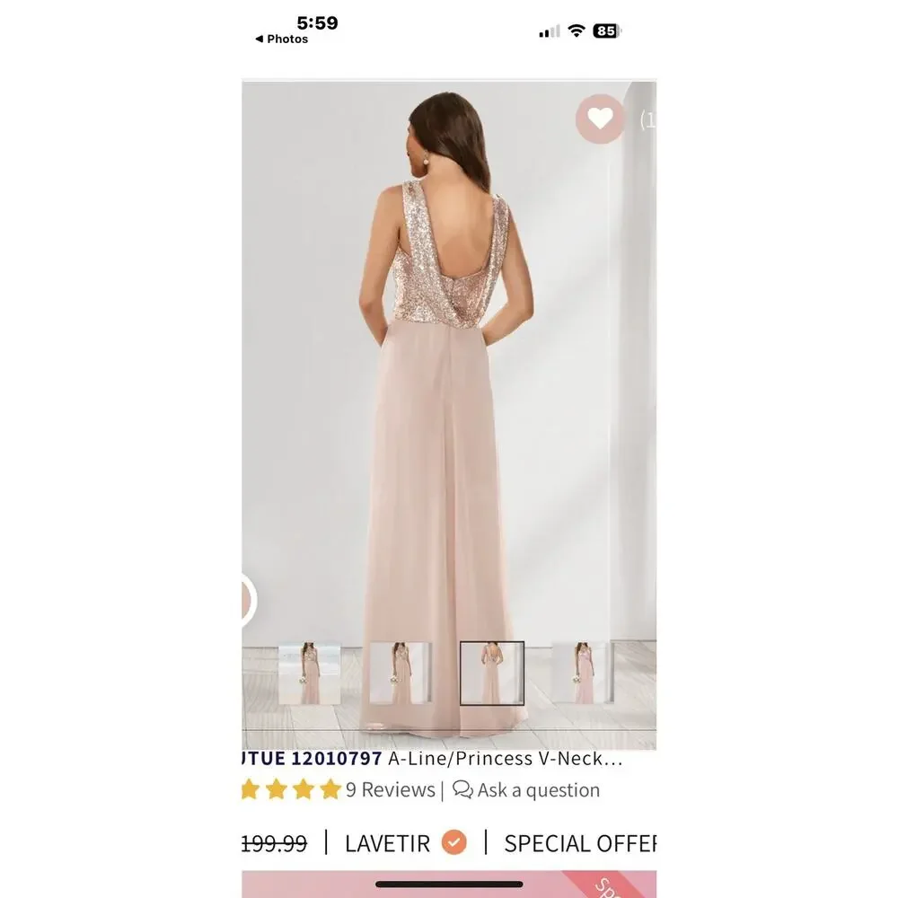 Rose Gold Prom Dress, Long Sequined, Sweetheart Chiffon Formal Wedding Pro - Picture 5 of 8